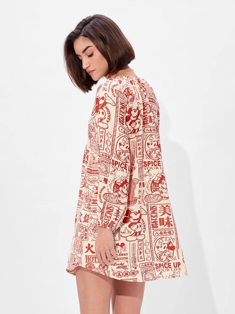 Mickey Mouse "Spice Up Your Life" Hotpot Print V - Neck Empire Mini Dress Legacy Boutiques Legacy Boutiques