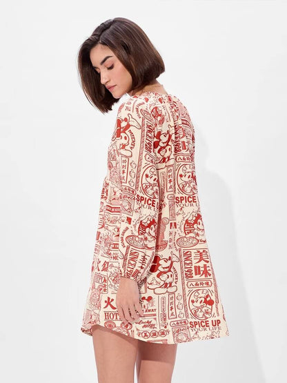 Mickey Mouse "Spice Up Your Life" Hotpot Print V - Neck Empire Mini Dress Legacy Boutiques Legacy Boutiques