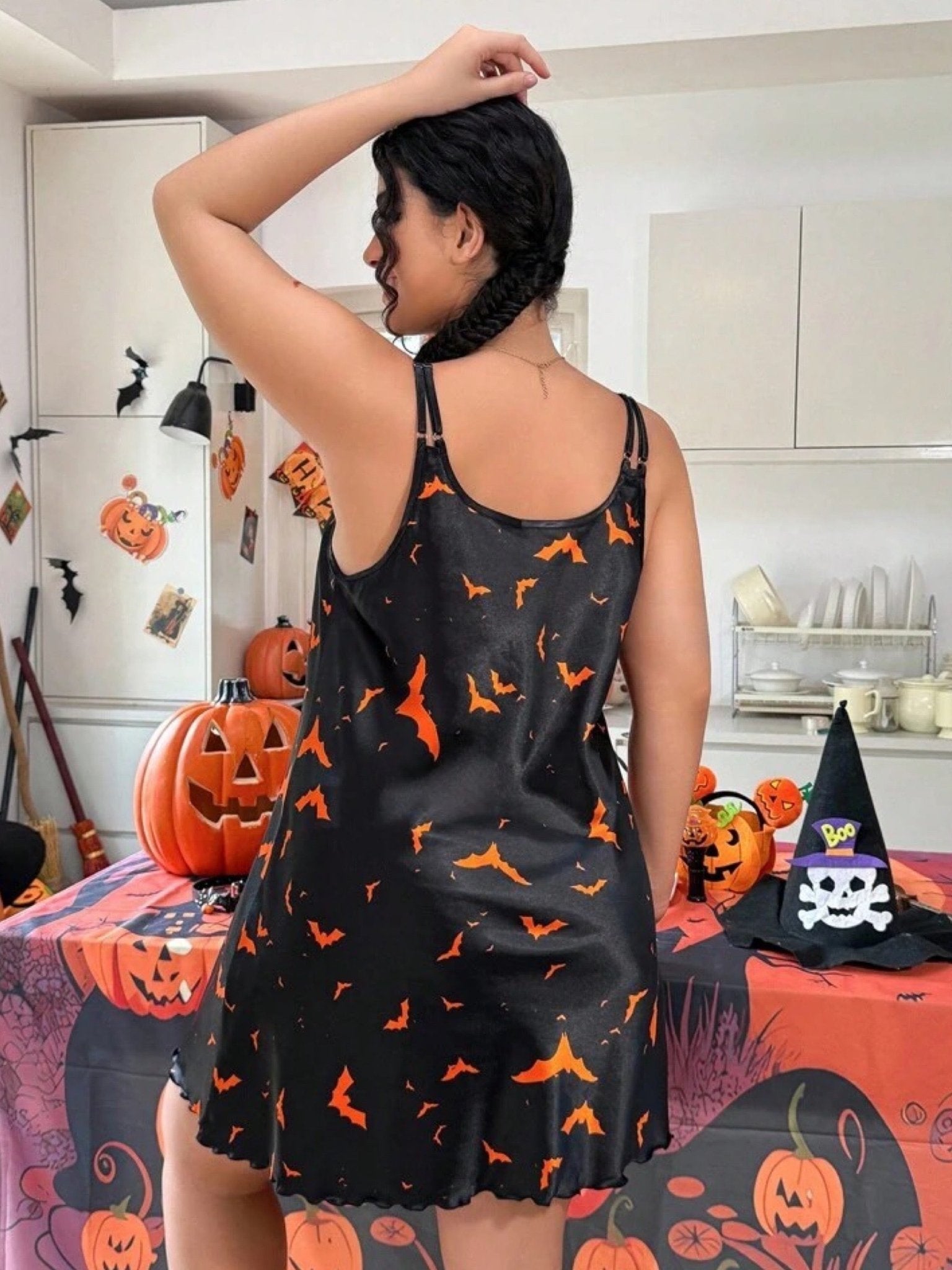 Midnight Bat Print Satin Cami Slip Dress - Spooky Halloween Nightwear 🦇 Legacy Boutiques Legacy Boutiques