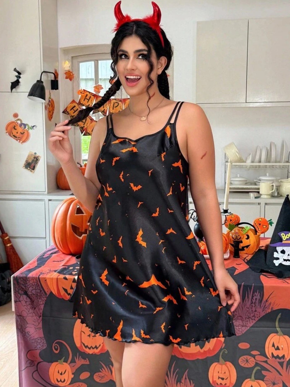 Midnight Bat Print Satin Cami Slip Dress - Spooky Halloween Nightwear 🦇 Legacy Boutiques Legacy Boutiques