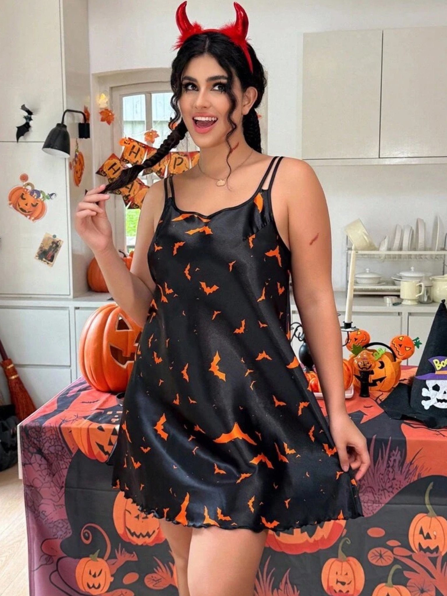 Midnight Bat Print Satin Cami Slip Dress - Spooky Halloween Nightwear 🦇 Legacy Boutiques Legacy Boutiques