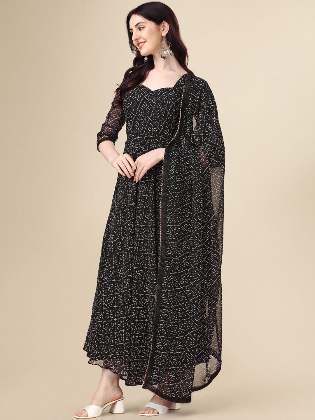 Midnight Black Bandhani Print Anarkali Suit with Gota Lace Dupatta Legacy Boutiques Legacy Boutiques