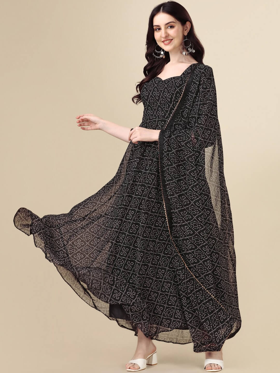 Midnight Black Bandhani Print Anarkali Suit with Gota Lace Dupatta Legacy Boutiques Legacy Boutiques