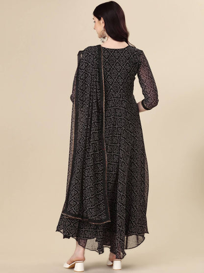 Midnight Black Bandhani Print Anarkali Suit with Gota Lace Dupatta Legacy Boutiques Legacy Boutiques