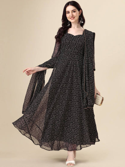 Midnight Black Bandhani Print Anarkali Suit with Gota Lace Dupatta Legacy Boutiques Legacy Boutiques