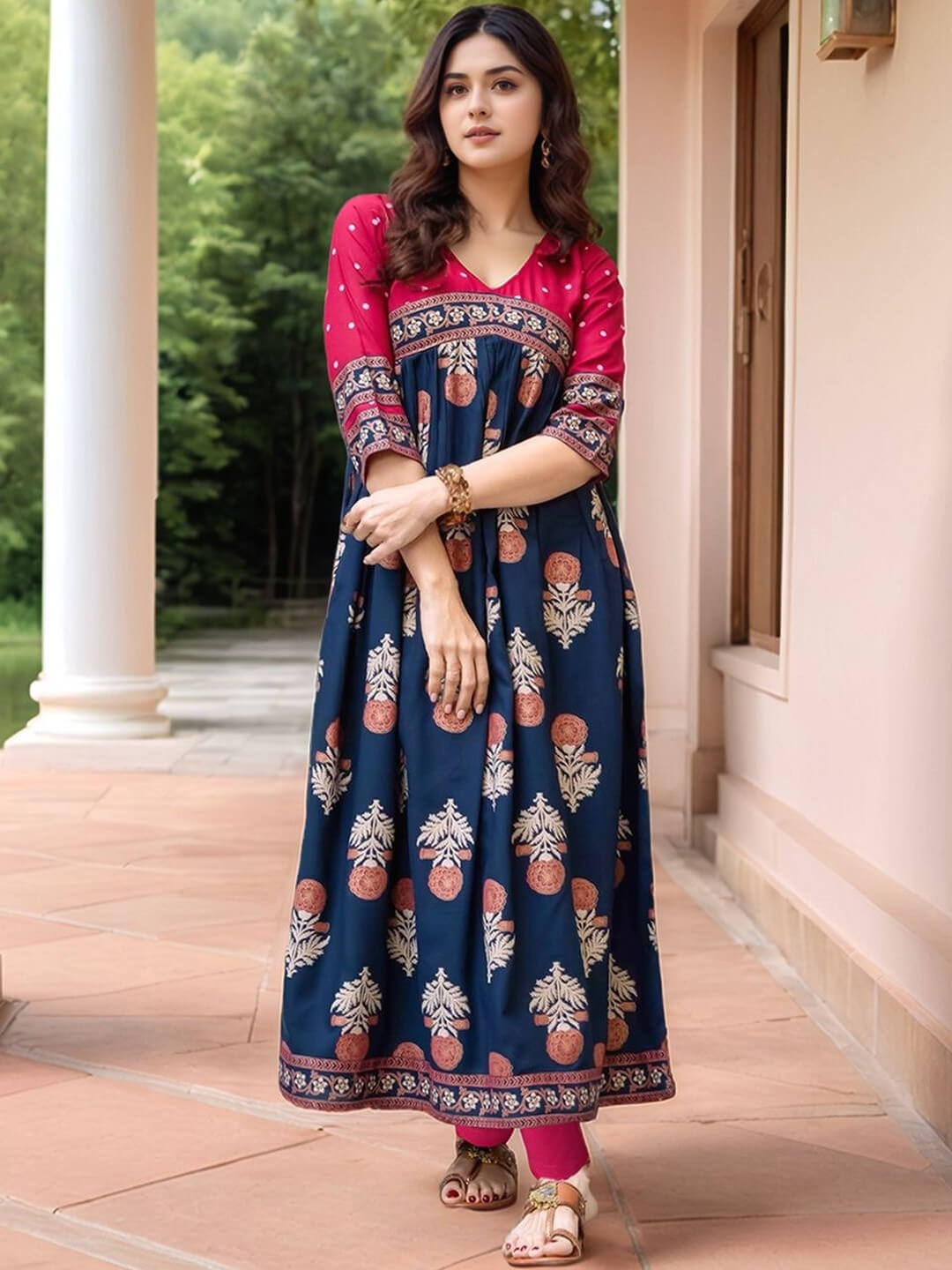 Midnight Magenta Floral Printed Indo - Western Gown with Border Legacy Boutiques Legacy Boutiques