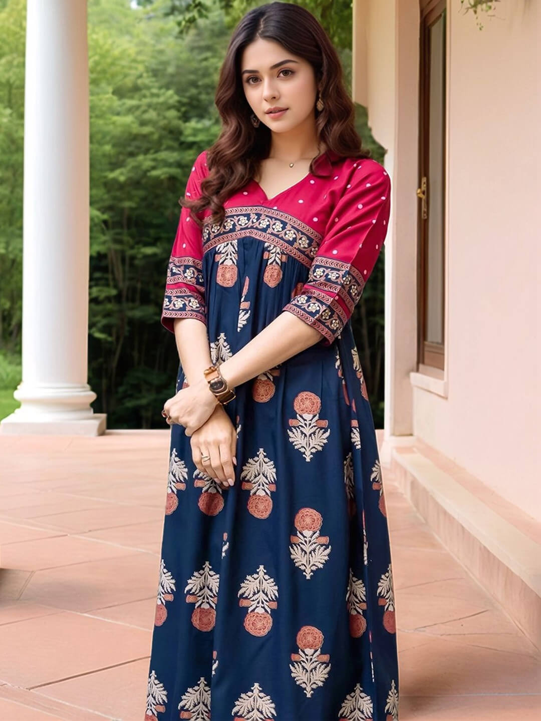 Midnight Magenta Floral Printed Indo - Western Gown with Border Legacy Boutiques Legacy Boutiques