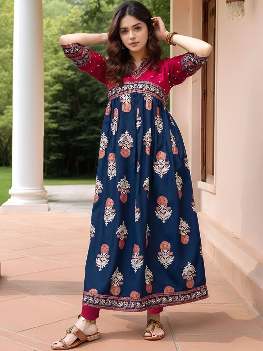 Midnight Magenta Floral Printed Indo - Western Gown with Border Legacy Boutiques Legacy Boutiques