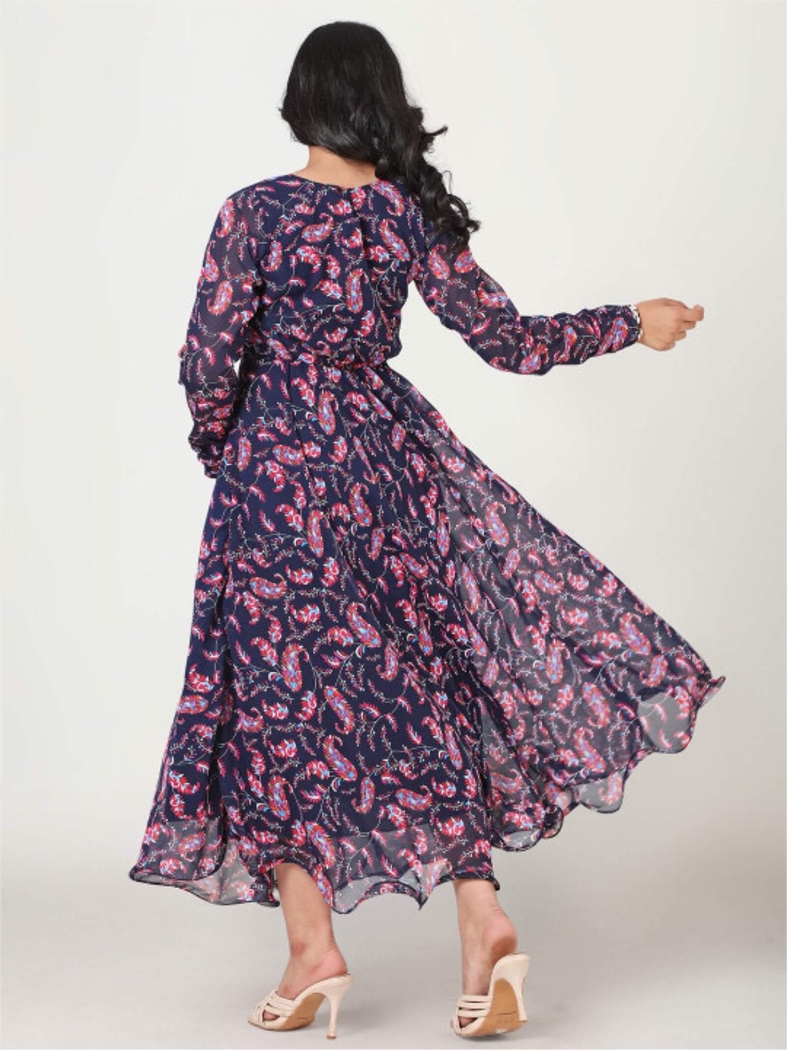Midnight Navy Paisley Print Georgette Maxi Dress - Long Sleeve A - Line Gown Legacy Boutiques Legacy Boutiques
