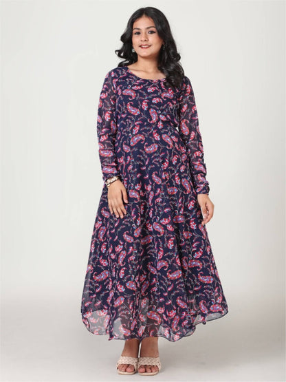 Midnight Navy Paisley Print Georgette Maxi Dress - Long Sleeve A - Line Gown Legacy Boutiques Legacy Boutiques