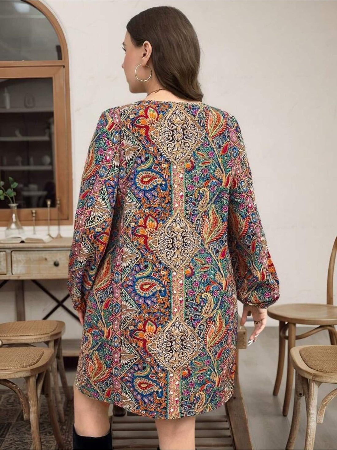 Midnight Regal Paisley Print Shift Dress - Long Sleeve Notched V - Neck Tunic Legacy Boutiques Legacy Boutiques