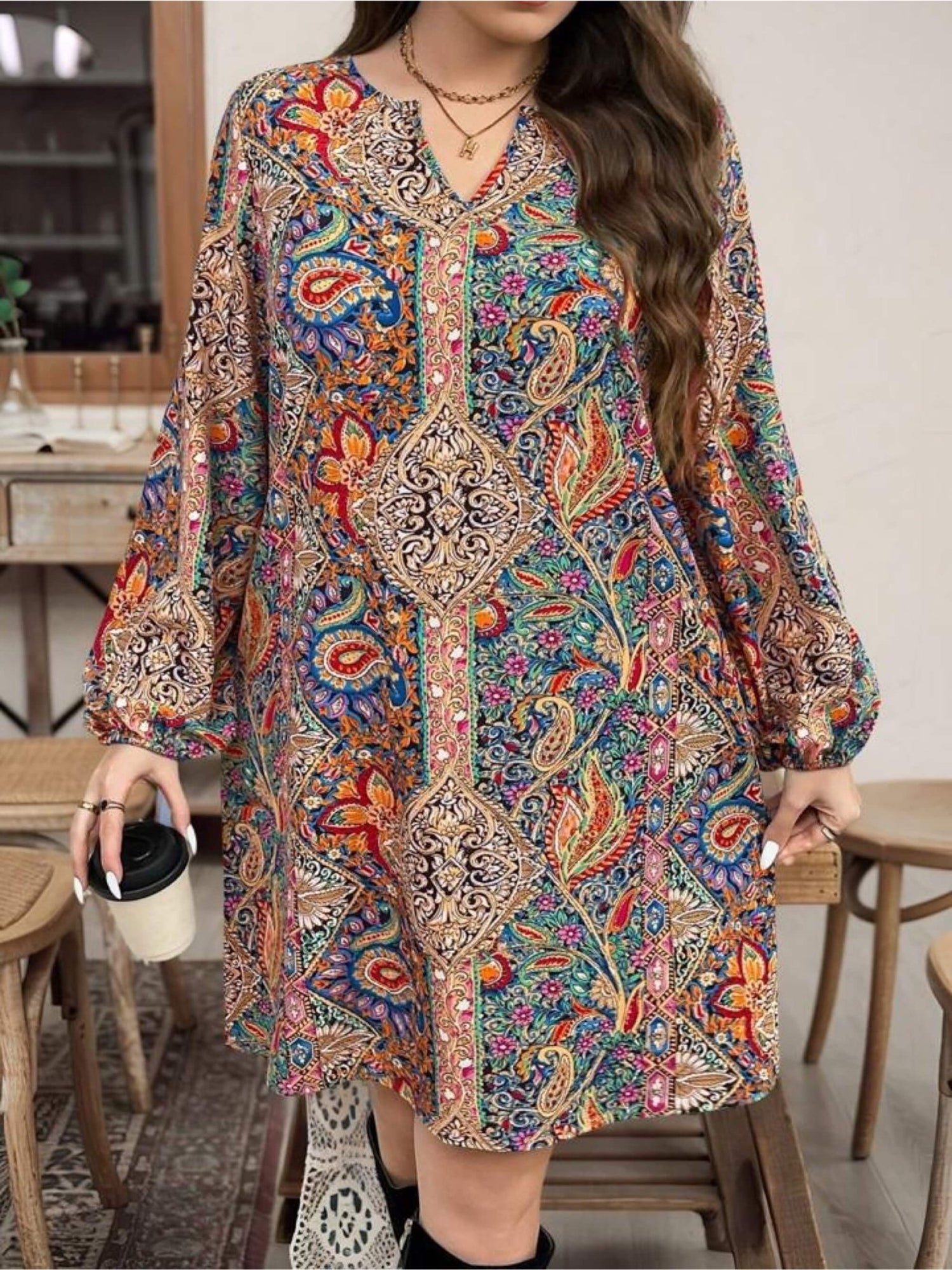 Midnight Regal Paisley Print Shift Dress - Long Sleeve Notched V - Neck Tunic Legacy Boutiques Legacy Boutiques