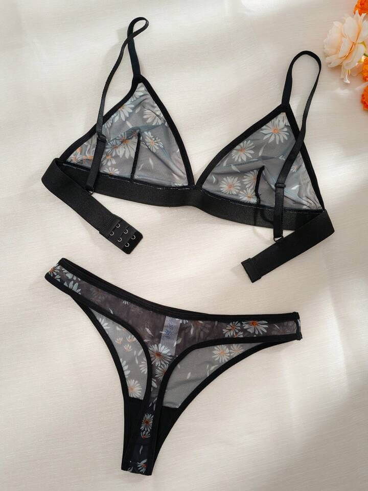 Minimalist Black Sheer Floral Lingerie Set - Daisy Print Mesh 2 - Piece Legacy Boutiques Legacy Boutiques