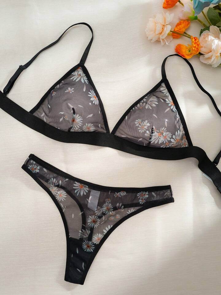 Minimalist Black Sheer Floral Lingerie Set - Daisy Print Mesh 2 - Piece Legacy Boutiques Legacy Boutiques