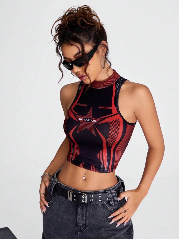 Mock Neck Sleeveless Crop Top Letter &amp; Star Graphic Print Legacy Boutiques Legacy Boutiques