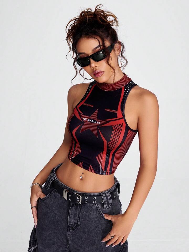Mock Neck Sleeveless Crop Top Letter &amp; Star Graphic Print Legacy Boutiques Legacy Boutiques