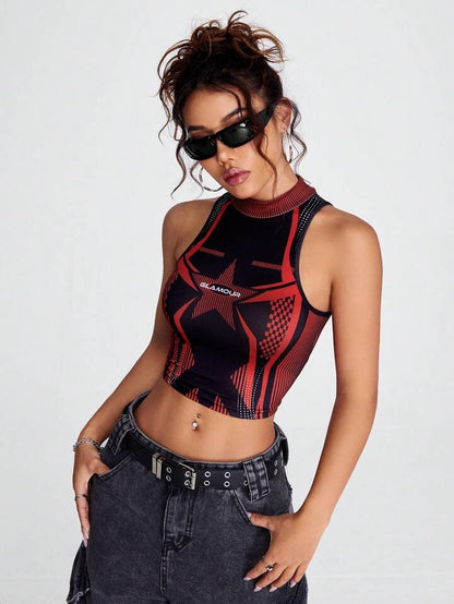 Mock Neck Sleeveless Crop Top Letter &amp; Star Graphic Print Legacy Boutiques Legacy Boutiques