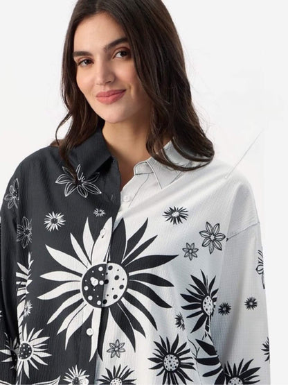 Monochrome Sunflower Split - Panel Oversized Long Sleeve Shirt Legacy Boutiques Legacy Boutiques