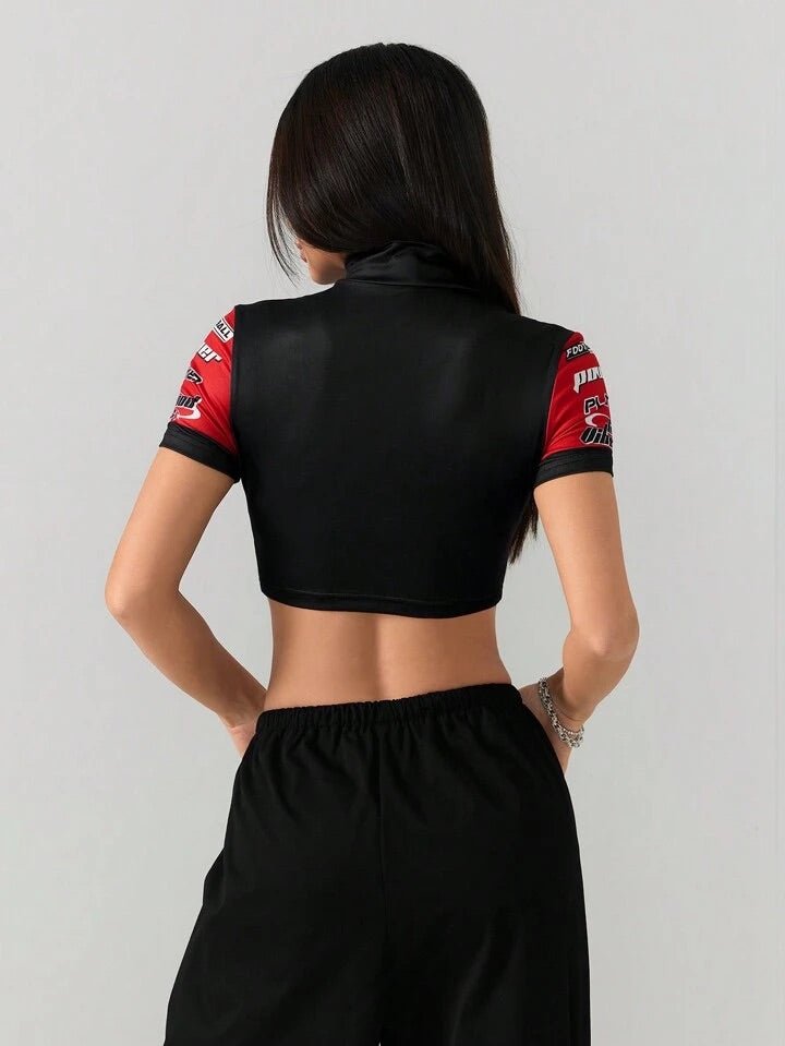Motor Racing Sport Lettering Print Half Zip Crop Top Legacy Boutiques Legacy Boutiques