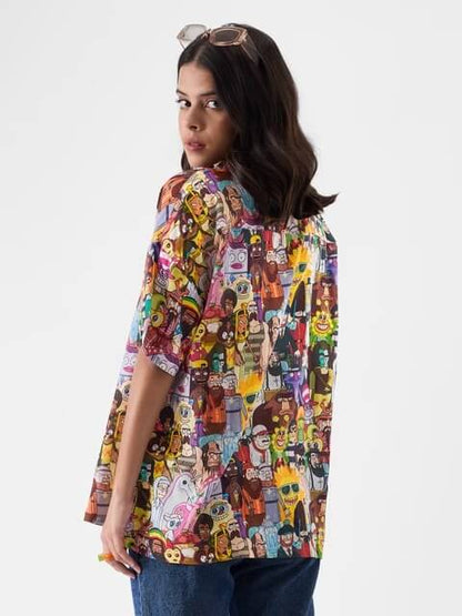 Multiverse Chaos: Animated Character Print Short Sleeve Oversized Shirt Legacy Boutiques Legacy Boutiques