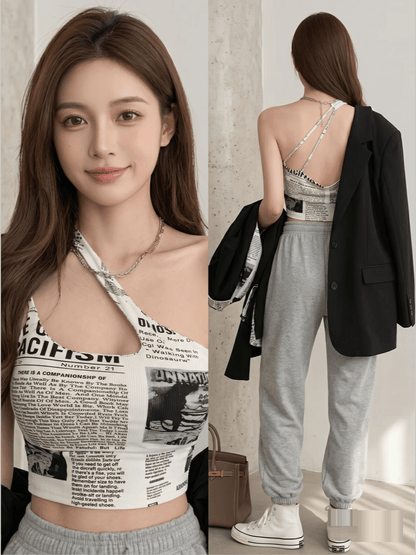 Newspaper Print One Shoulder Cutout Asymmetric Crop Top Legacy Boutiques Legacy Boutiques