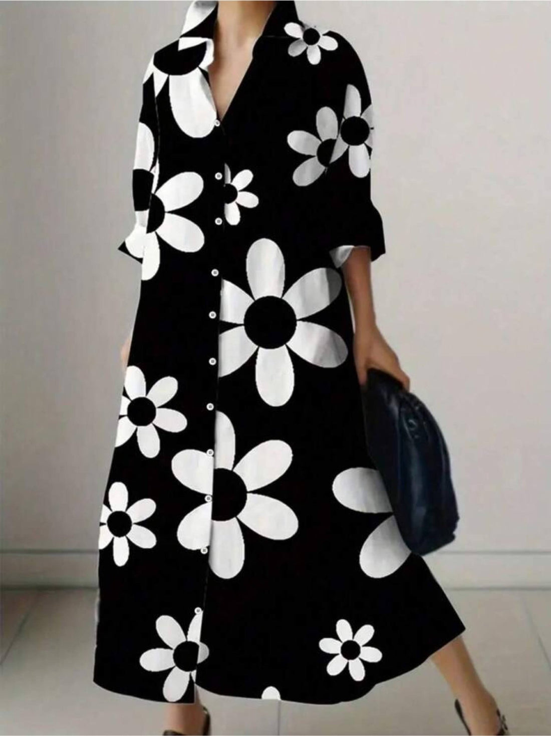 Noir Daisy Monochrome Maxi Shirt Dress - Bold Floral Print Button - Down Legacy Boutiques Legacy Boutiques