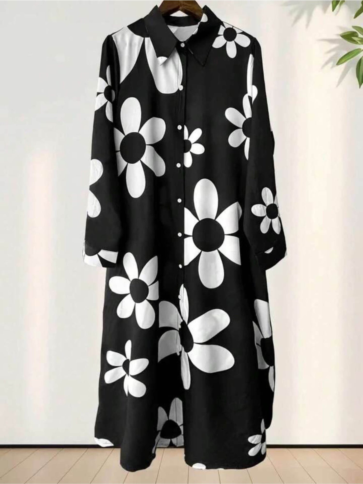 Noir Daisy Monochrome Maxi Shirt Dress - Bold Floral Print Button - Down Legacy Boutiques Legacy Boutiques