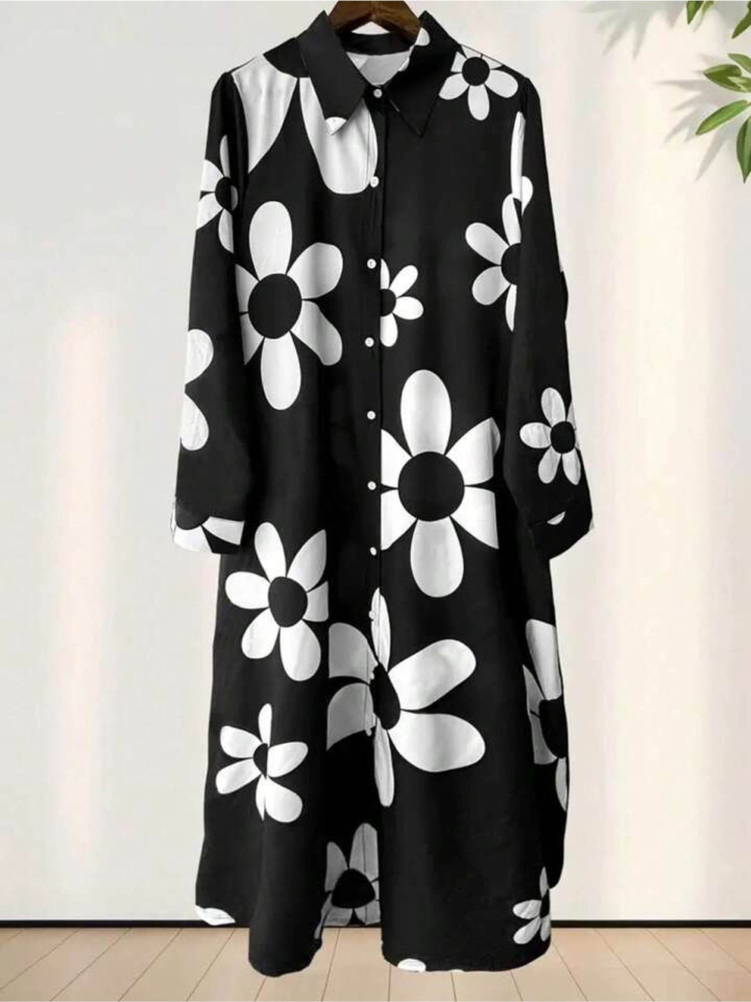 Noir Daisy Monochrome Maxi Shirt Dress - Bold Floral Print Button - Down Legacy Boutiques Legacy Boutiques