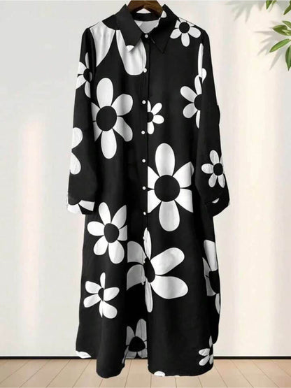 Noir Daisy Monochrome Maxi Shirt Dress - Bold Floral Print Button - Down Legacy Boutiques Legacy Boutiques