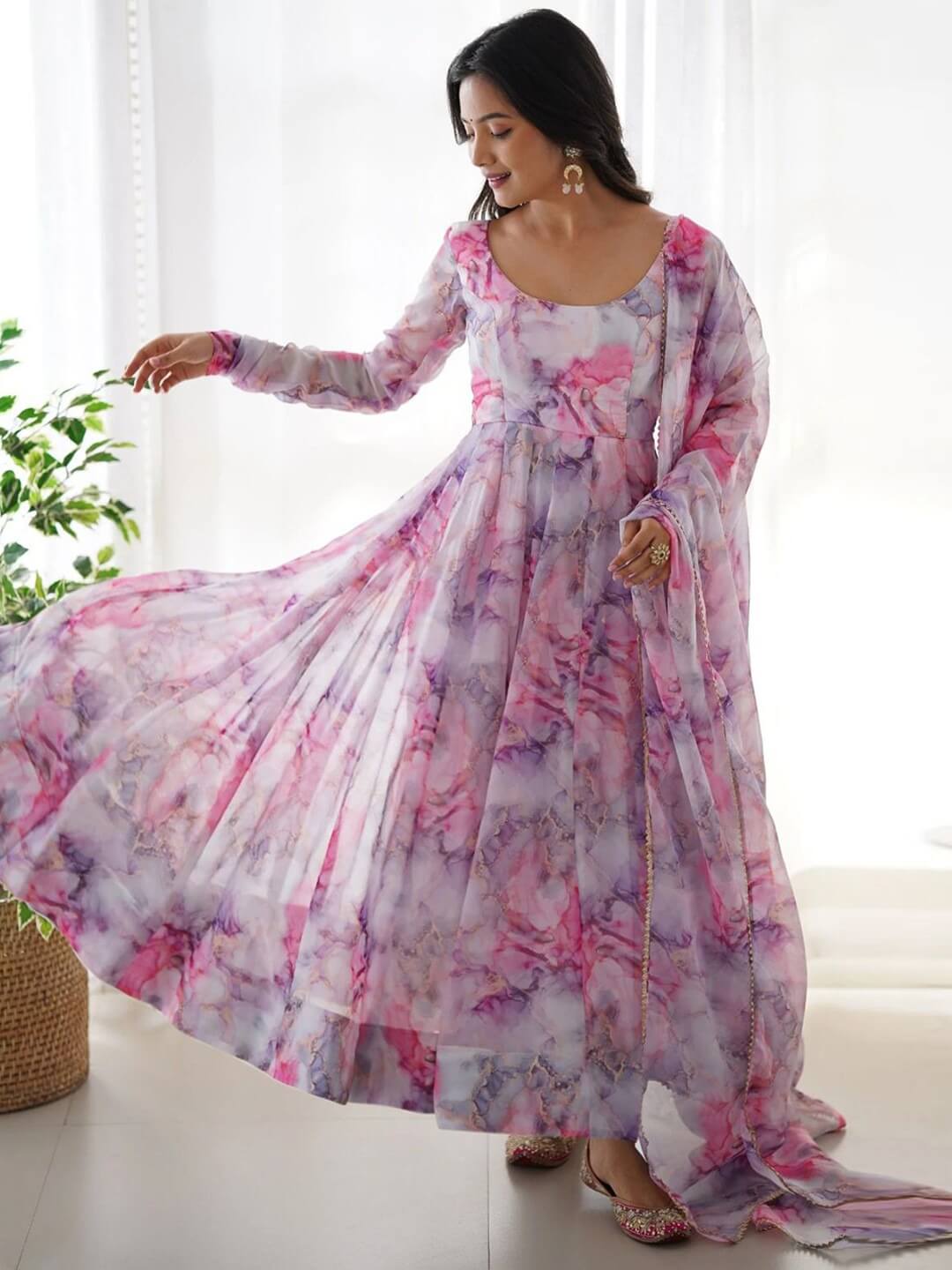 Orchid Swirl Pink Anarkali Set | Watercolor Marble Print Ethnic Gown Legacy Boutiques Legacy Boutiques