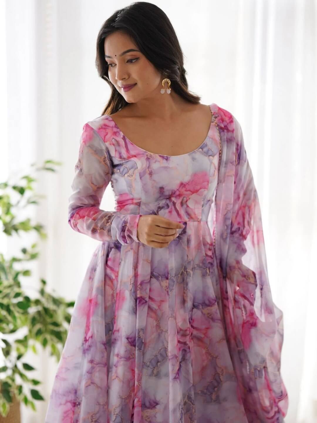 Orchid Swirl Pink Anarkali Set | Watercolor Marble Print Ethnic Gown Legacy Boutiques Legacy Boutiques