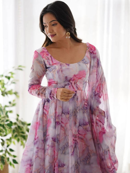 Orchid Swirl Pink Anarkali Set | Watercolor Marble Print Ethnic Gown Legacy Boutiques Legacy Boutiques