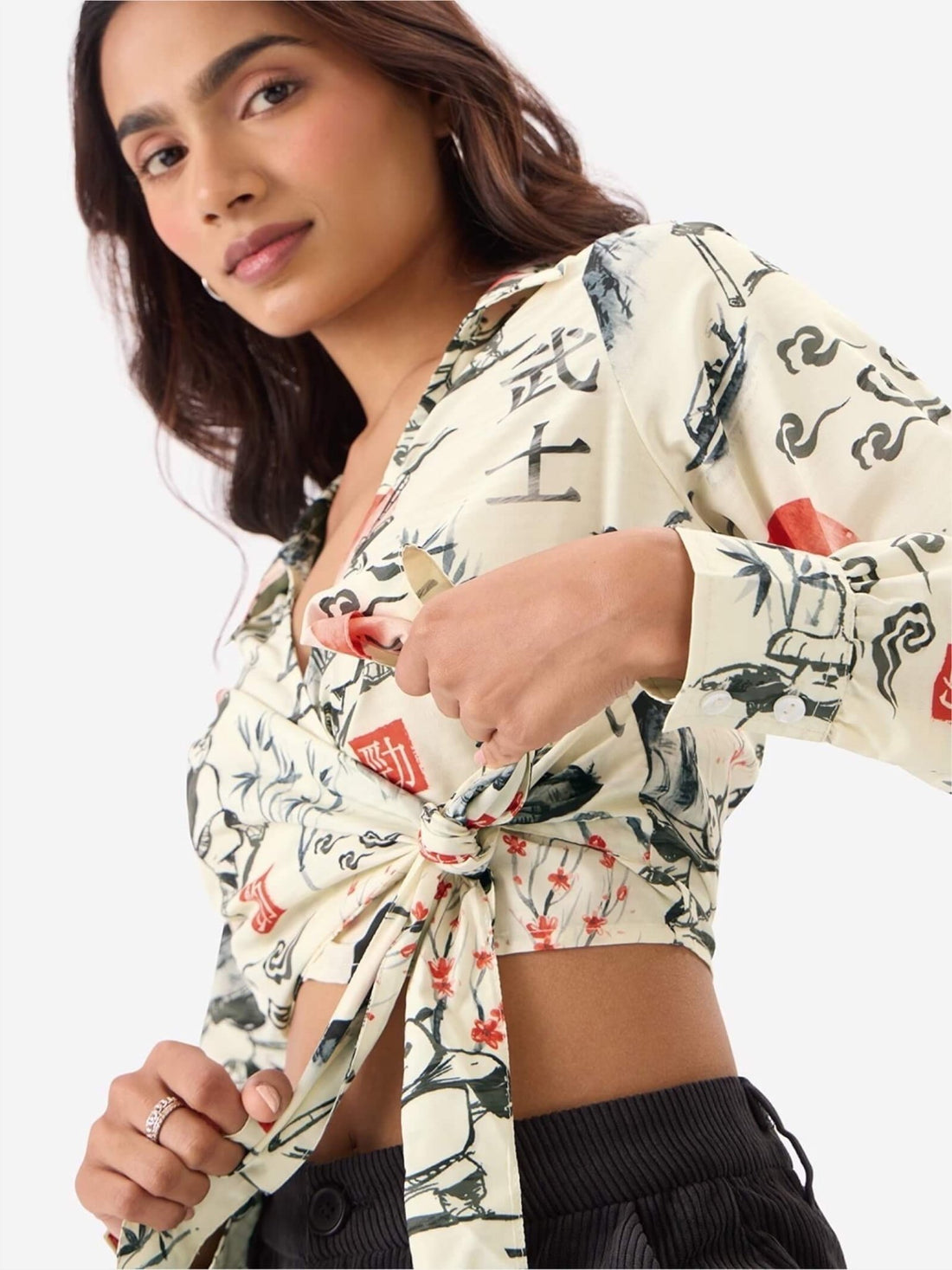 Panda Warrior Ink - Wash Wrap Top | Cropped Kung Fu Printed Tie - Front Shirt Legacy Boutiques Legacy Boutiques