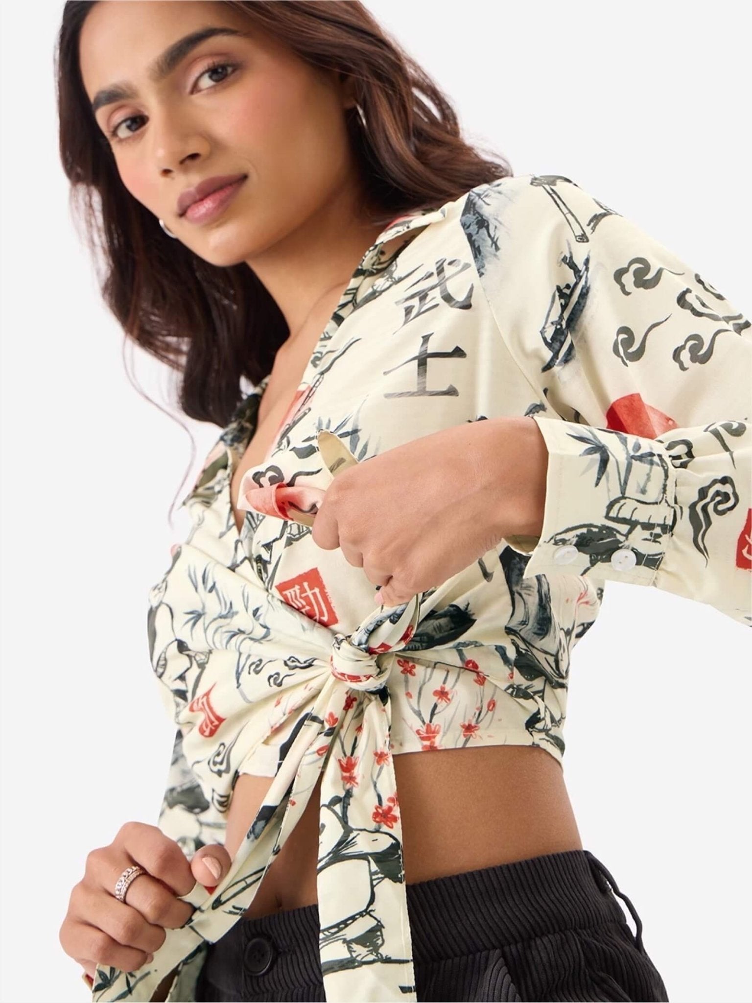 Panda Warrior Ink - Wash Wrap Top | Cropped Kung Fu Printed Tie - Front Shirt Legacy Boutiques Legacy Boutiques