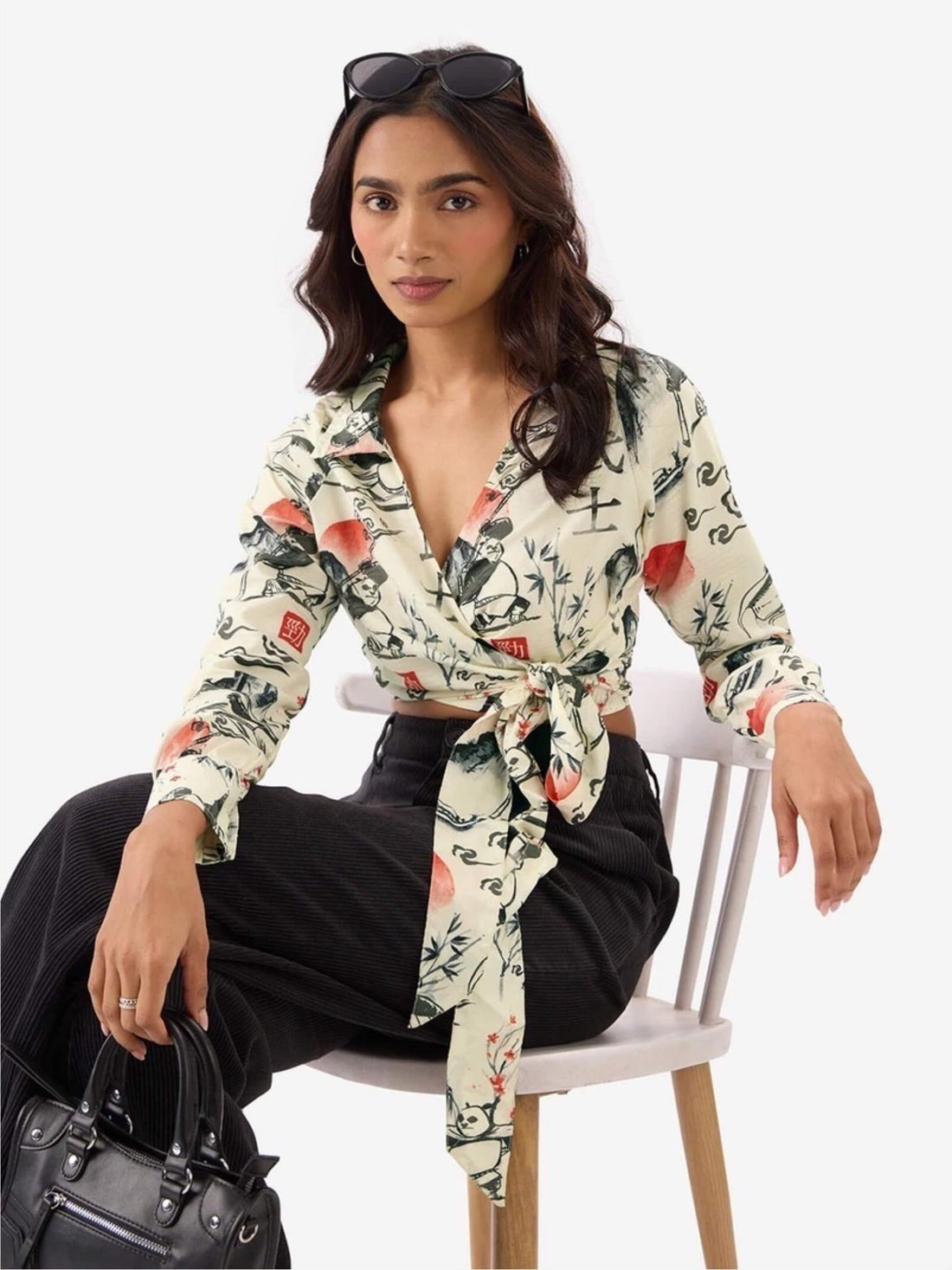 Panda Warrior Ink - Wash Wrap Top | Cropped Kung Fu Printed Tie - Front Shirt Legacy Boutiques Legacy Boutiques