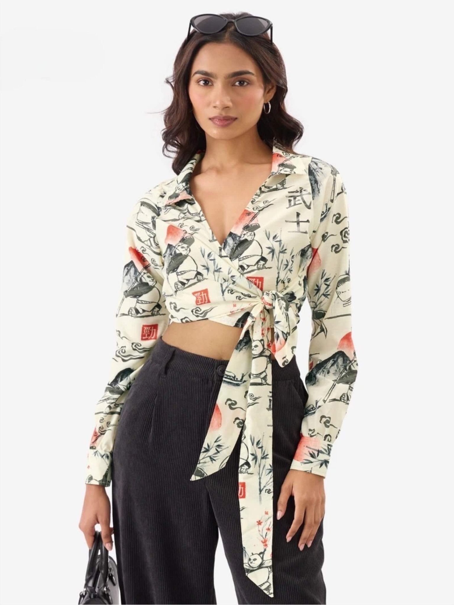 Panda Warrior Ink - Wash Wrap Top | Cropped Kung Fu Printed Tie - Front Shirt Legacy Boutiques Legacy Boutiques