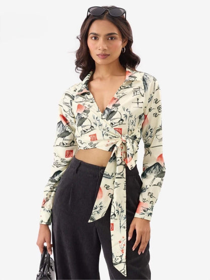 Panda Warrior Ink - Wash Wrap Top | Cropped Kung Fu Printed Tie - Front Shirt Legacy Boutiques Legacy Boutiques