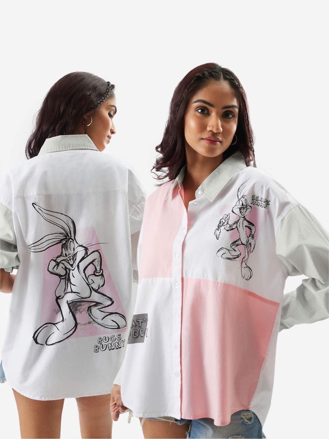 Pastel Bugs Bunny Oversized Button - Down - Pink &amp; Green Panel Graphic Shirt Legacy Boutiques Legacy Boutiques