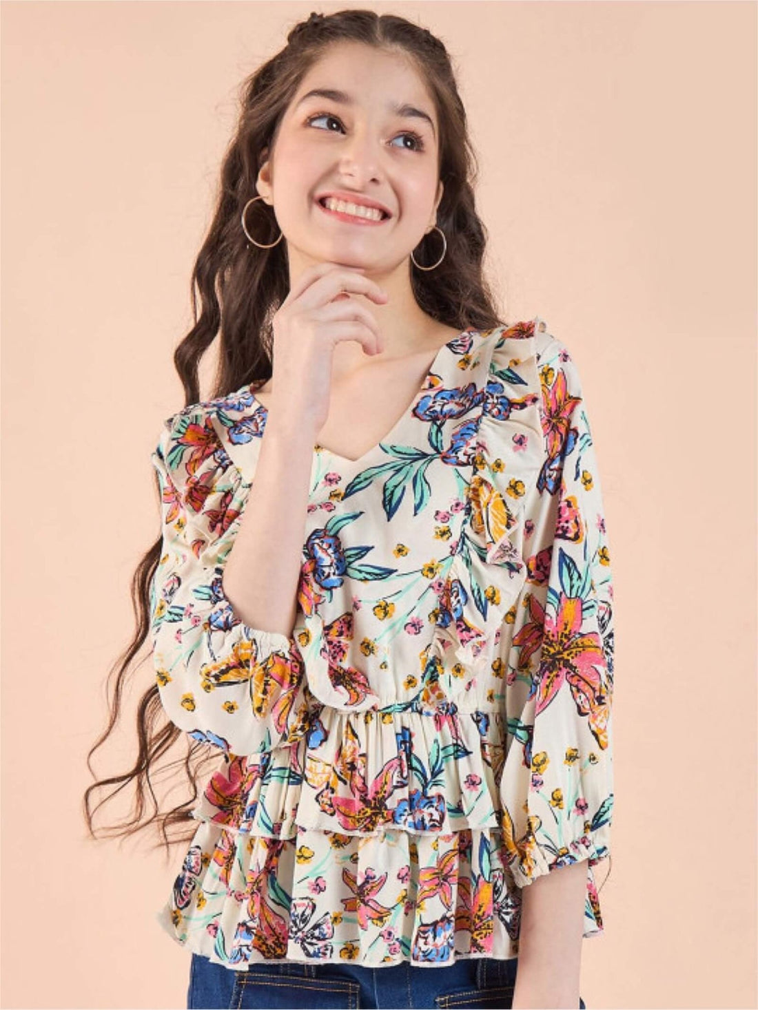 Pastel Petal Girls Cream Floral V - Neck Ruffle Peplum Top Legacy Boutiques Legacy Boutiques