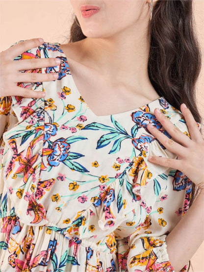 Pastel Petal Girls Cream Floral V - Neck Ruffle Peplum Top Legacy Boutiques Legacy Boutiques