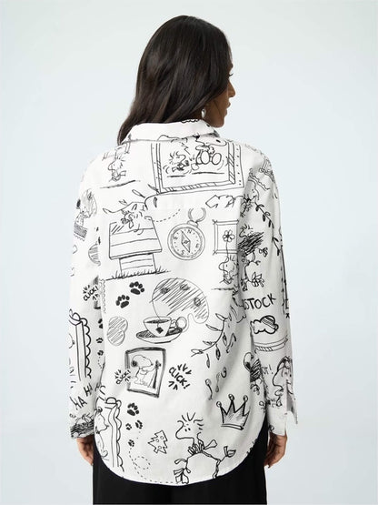 Peanuts Sketch Art Button - Down - Snoopy &amp; Woodstock Illustrated White Shirt Legacy Boutiques Legacy Boutiques