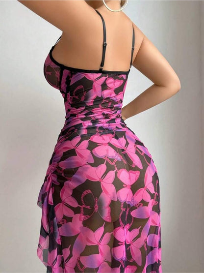 pink and black sheer mesh high slit long lingerie dress Legacy Boutiques Legacy Boutiques