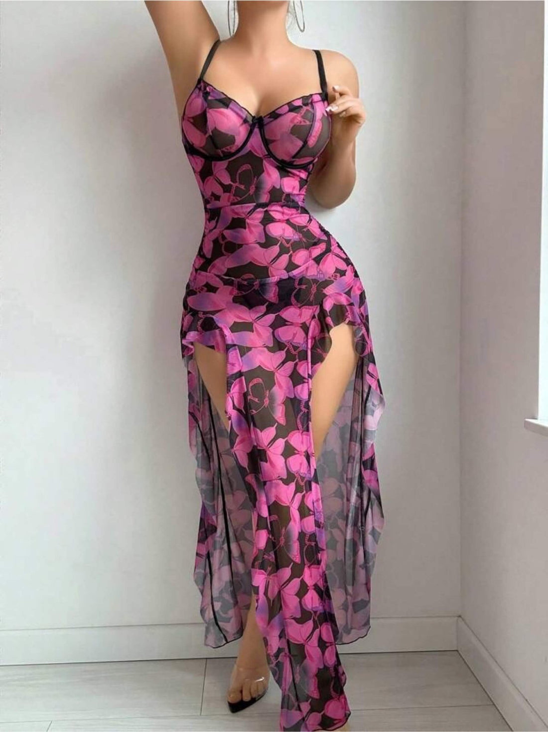 pink and black sheer mesh high slit long lingerie dress Legacy Boutiques Legacy Boutiques