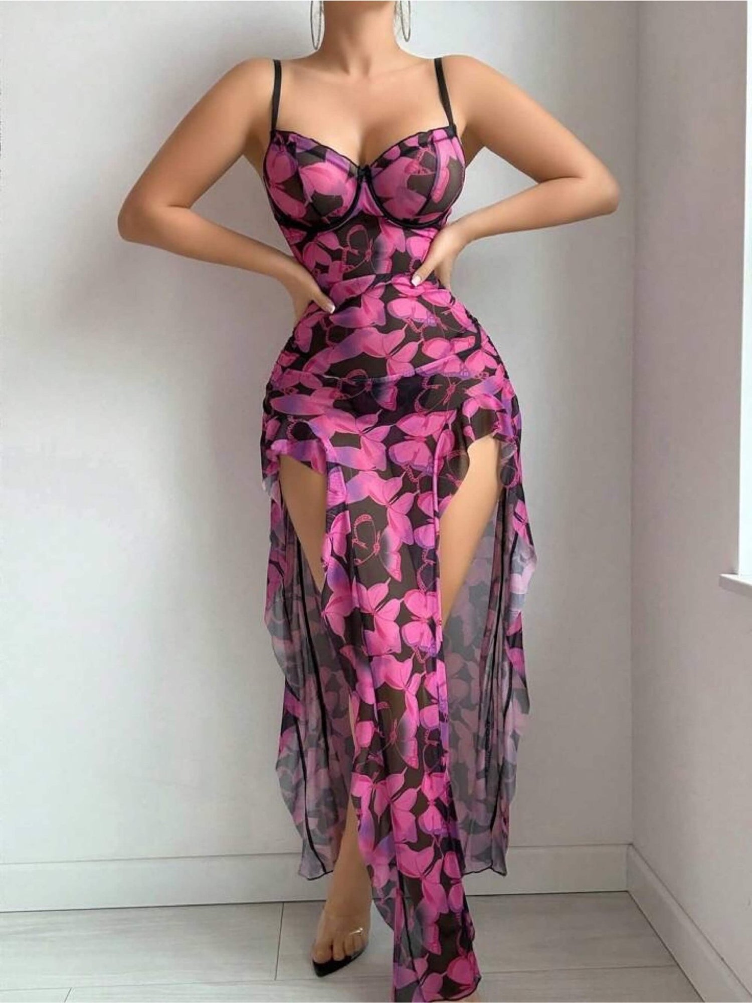 pink and black sheer mesh high slit long lingerie dress Legacy Boutiques Legacy Boutiques