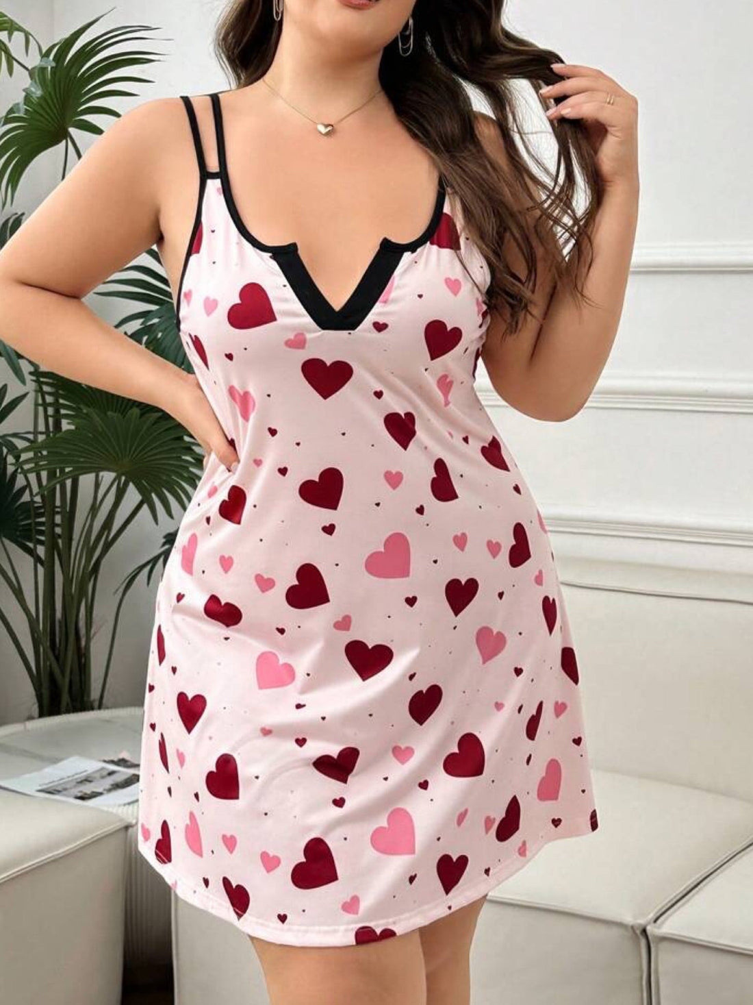 Pink Heart Print Notch Neck Nightie - Sleeveless Double Strap Sleepwear Legacy Boutiques Legacy Boutiques