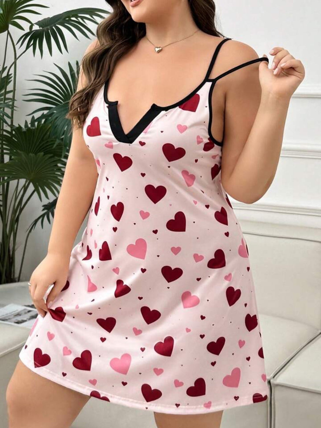 Pink Heart Print Notch Neck Nightie - Sleeveless Double Strap Sleepwear Legacy Boutiques Legacy Boutiques