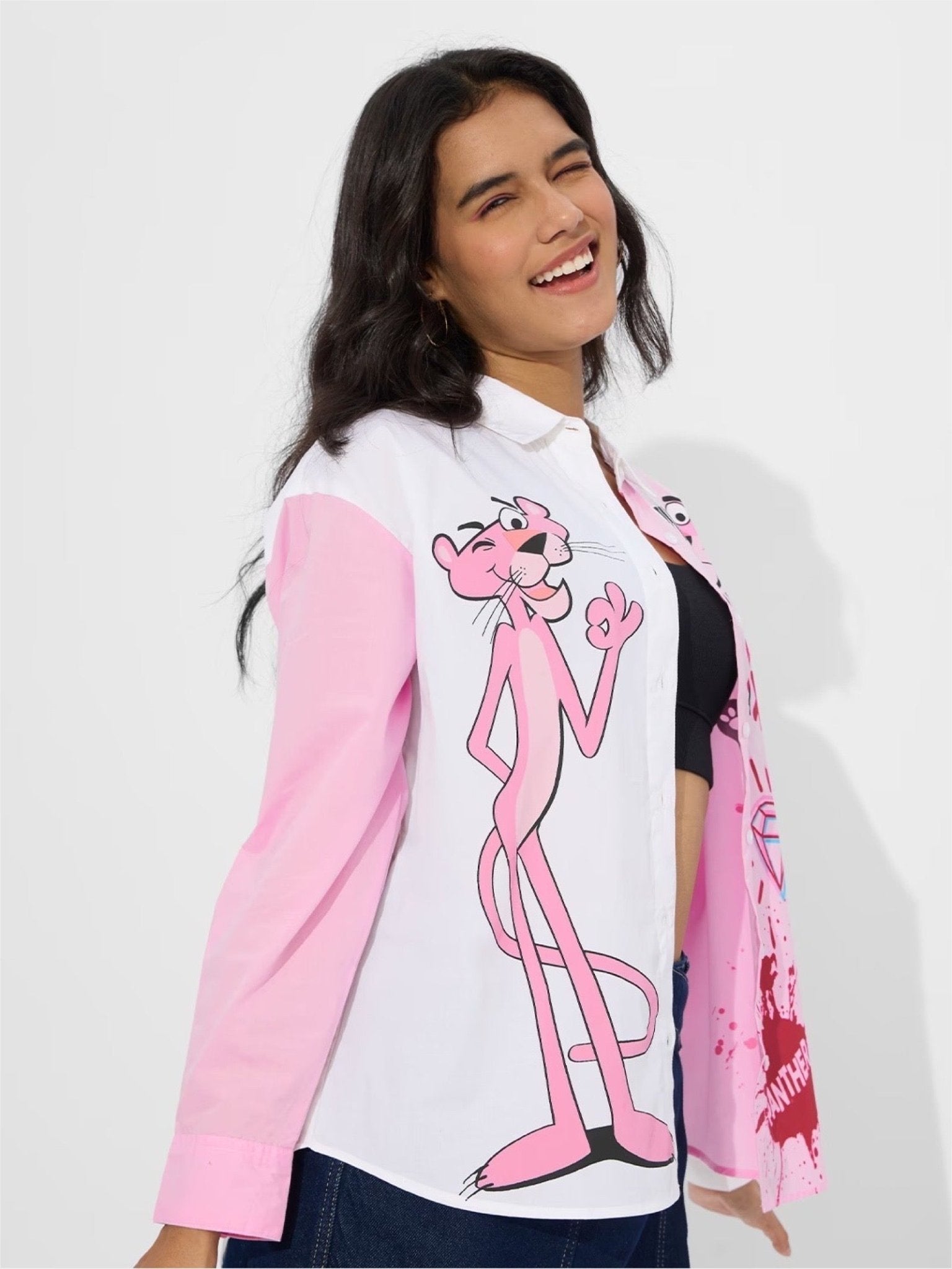 Pink Panther Diamond Graphic Blouse - Y2K Style Pink &amp; White Panel Shirt Legacy Boutiques Legacy Boutiques