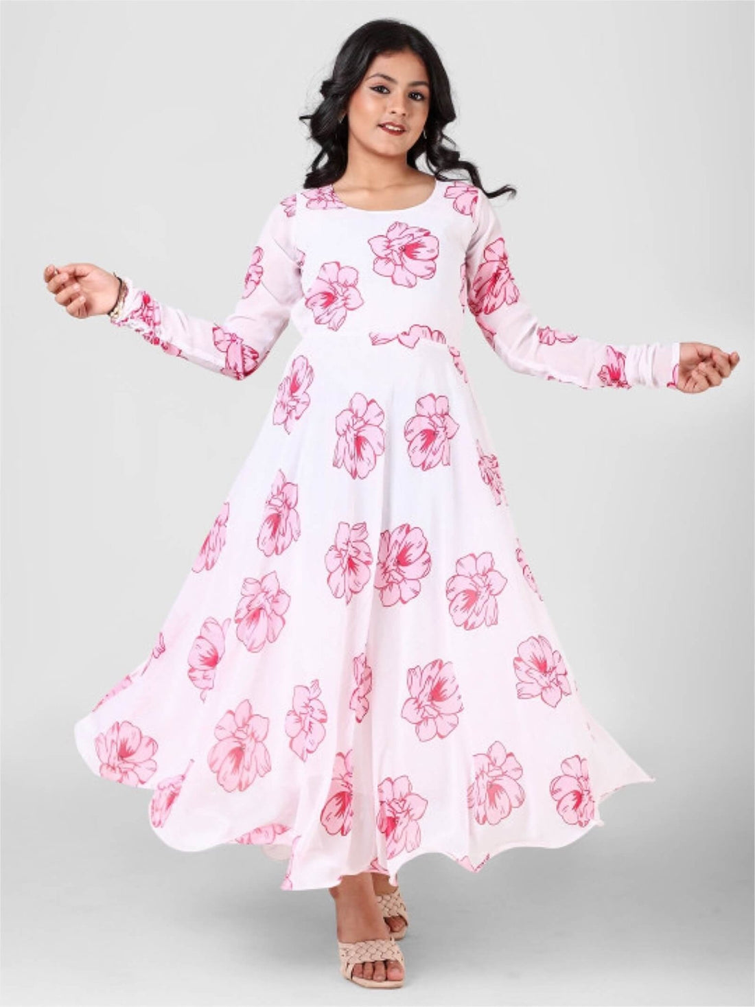 Pink Petal Blossom White Georgette Floral Gown Dress Legacy Boutiques Legacy Boutiques