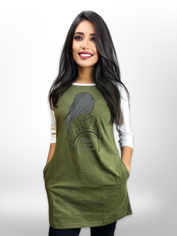 Ladies Long T-shirt Olive Raglan Sleeve Side Pocket - Legacy Boutiques