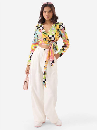 Powerpuff Girls Cartoon Print Wrap Top | Cropped 90s Aesthetic Tie - Front Shirt Legacy Boutiques Legacy Boutiques